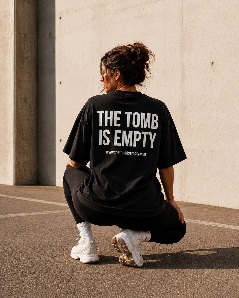 Faded Black Witness Tee back — The Tomb Is Empty print